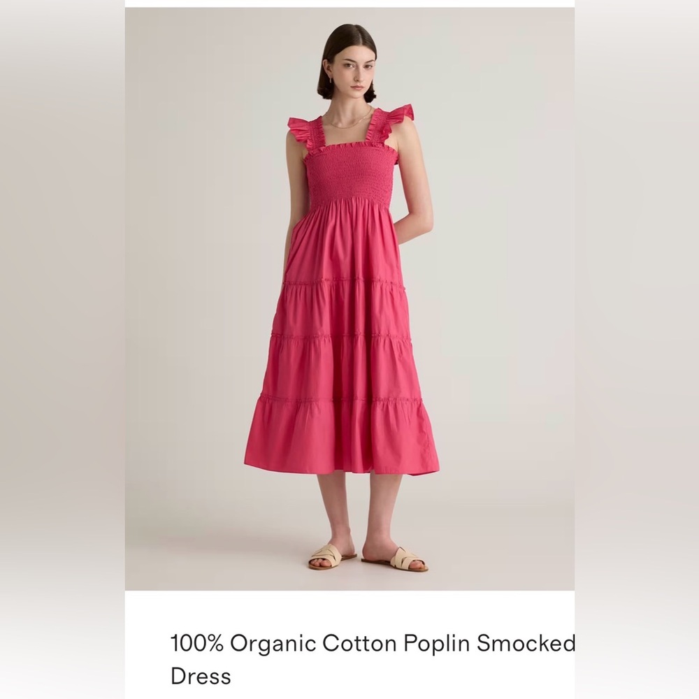 Quince Pink Smocked Ruffle-Strap Midi Dress